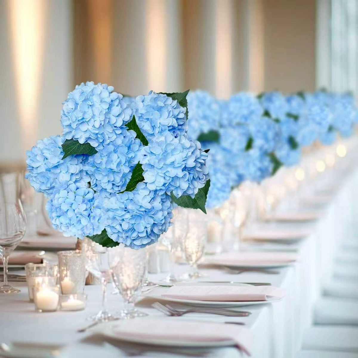 6PCS Blue Hydrangea Artificial Flowers, Bulk Silk Fake Flower with Stems, Faux Hydrangeas Bouquets for Home Décor, Wedding, Party, and Office Table Centerpieces.