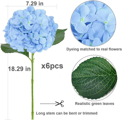 6PCS Blue Hydrangea Artificial Flowers, Bulk Silk Fake Flower with Stems, Faux Hydrangeas Bouquets for Home Décor, Wedding, Party, and Office Table Centerpieces.