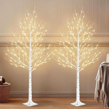 Birch Tree with LED Lights, 6ft Lighted Christmas Trees Outdoor | Prelit Artificial Twig Tree Set with Timer & Light Dimmer for Decorations Indoor Winter Home Garden Bedroom Decor 2 Pack