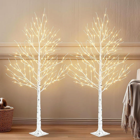 Birch Tree with LED Lights, 6ft Lighted Christmas Trees Outdoor | Prelit Artificial Twig Tree Set with Timer & Light Dimmer for Decorations Indoor Winter Home Garden Bedroom Decor 2 Pack