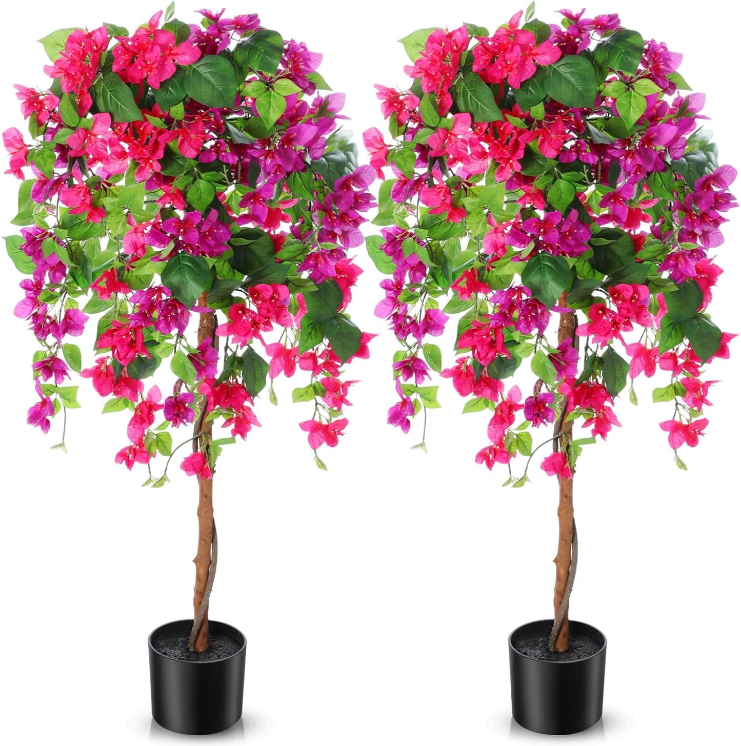4 ft Bougainvillea Artificial 2 Pcs Artificial Bougainvillea Tree with Flowers in Plastic Pot Tall Floor Plant Faux Blooming Tree Large Fake Plants for Outdoor Indoor(Rose Red)