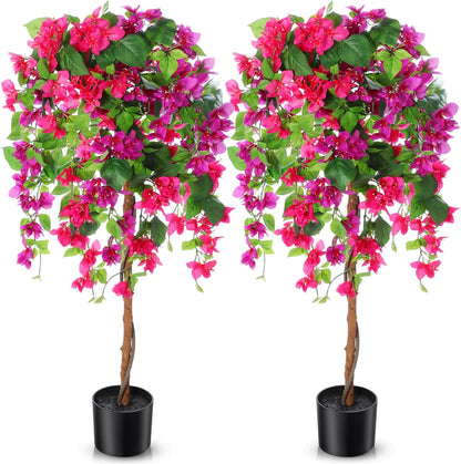 4 ft Bougainvillea Artificial 2 Pcs Artificial Bougainvillea Tree with Flowers in Plastic Pot Tall Floor Plant Faux Blooming Tree Large Fake Plants for Outdoor Indoor(Rose Red)