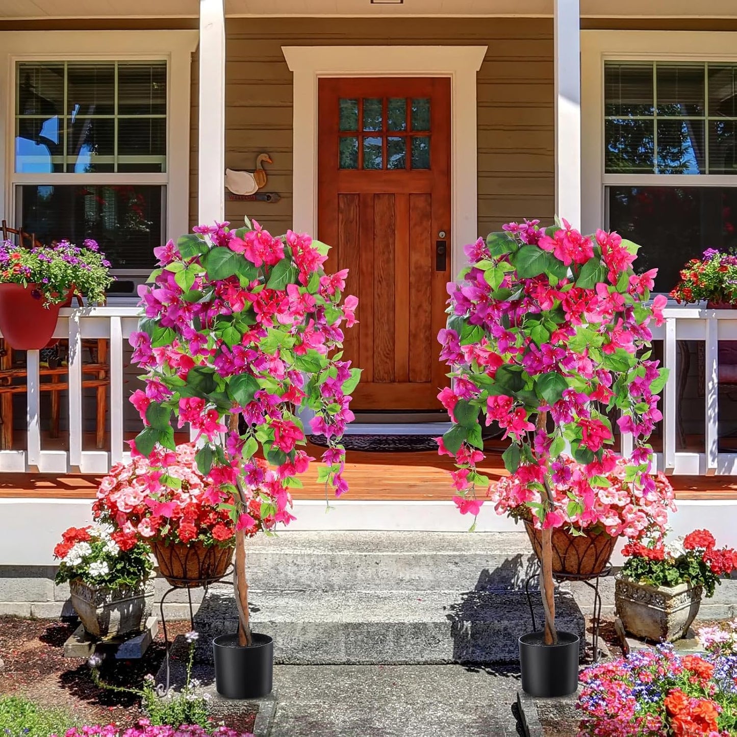 4 ft Bougainvillea Artificial 2 Pcs Artificial Bougainvillea Tree with Flowers in Plastic Pot Tall Floor Plant Faux Blooming Tree Large Fake Plants for Outdoor Indoor(Rose Red)