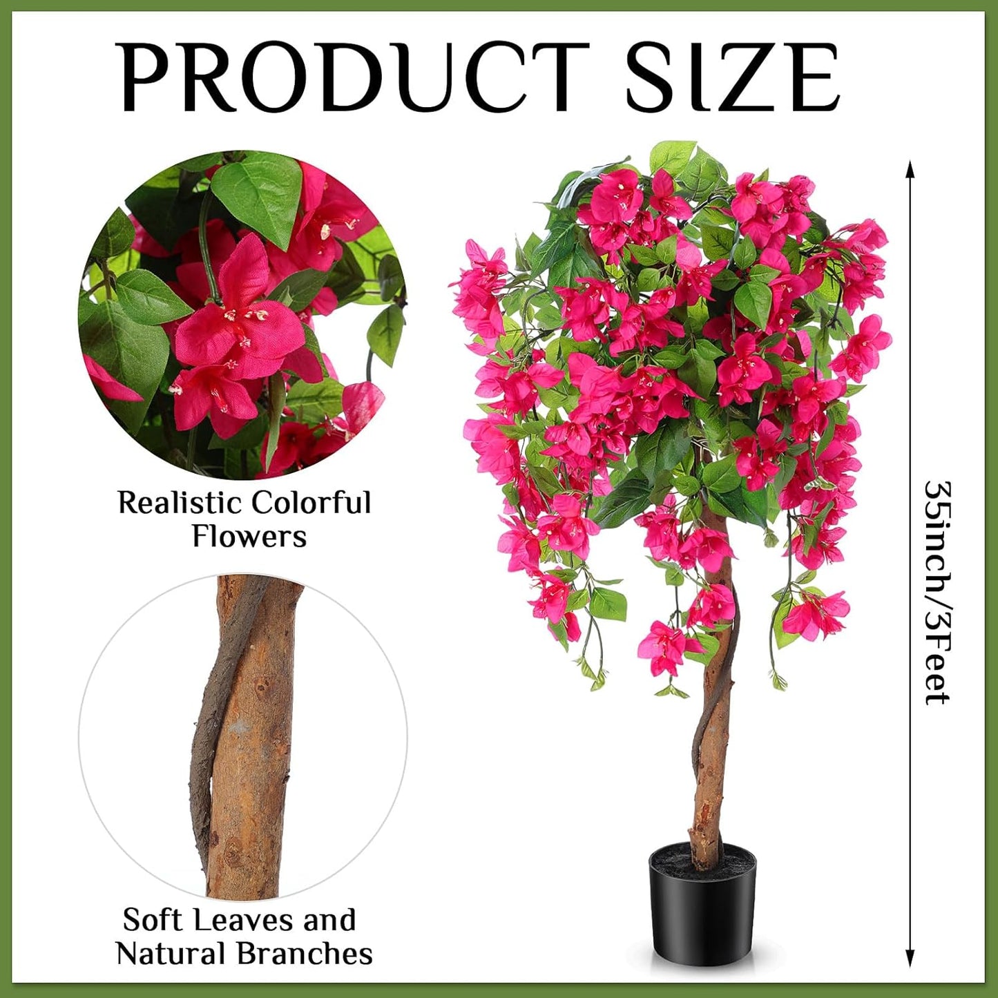 4 ft Bougainvillea Artificial 2 Pcs Artificial Bougainvillea Tree with Flowers in Plastic Pot Tall Floor Plant Faux Blooming Tree Large Fake Plants for Outdoor Indoor(Rose Red)