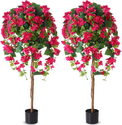 4 ft Bougainvillea Artificial 2 Pcs Artificial Bougainvillea Tree with Flowers in Plastic Pot Tall Floor Plant Faux Blooming Tree Large Fake Plants for Outdoor Indoor(Rose Red)
