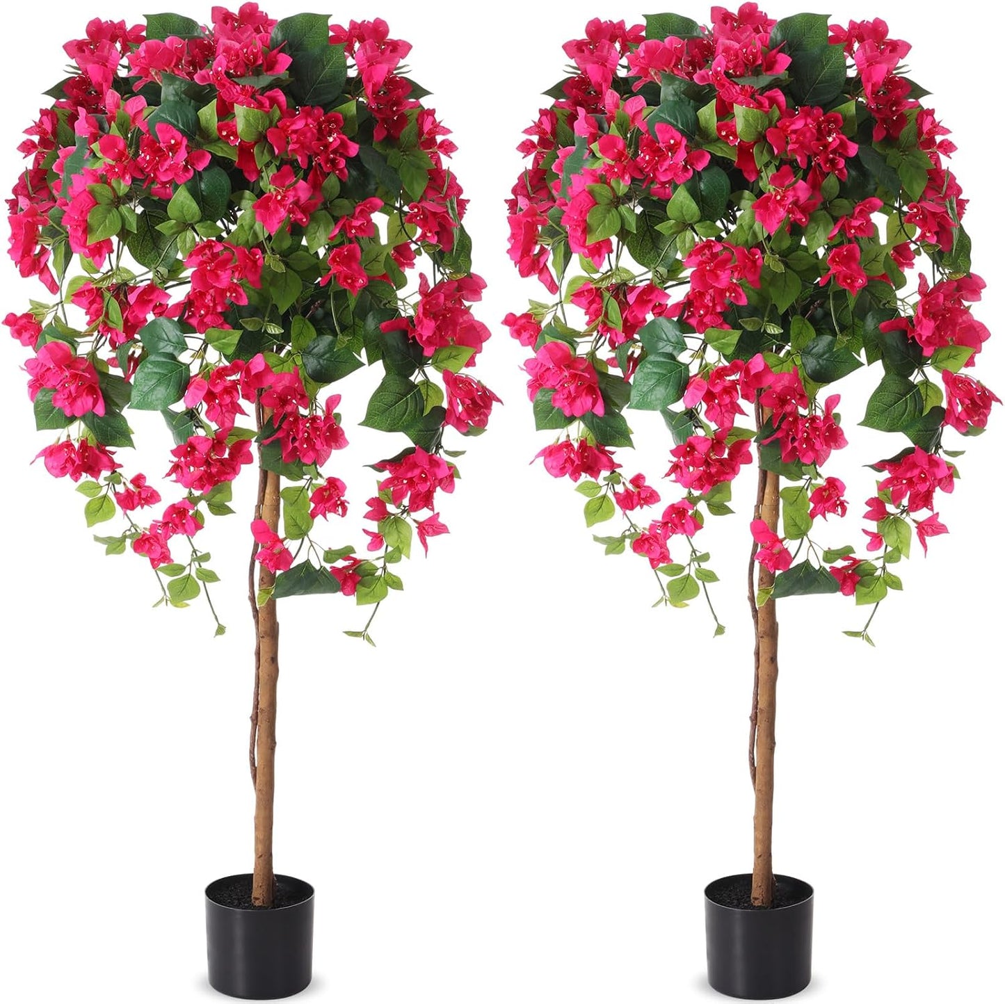4 ft Bougainvillea Artificial 2 Pcs Artificial Bougainvillea Tree with Flowers in Plastic Pot Tall Floor Plant Faux Blooming Tree Large Fake Plants for Outdoor Indoor(Rose Red)