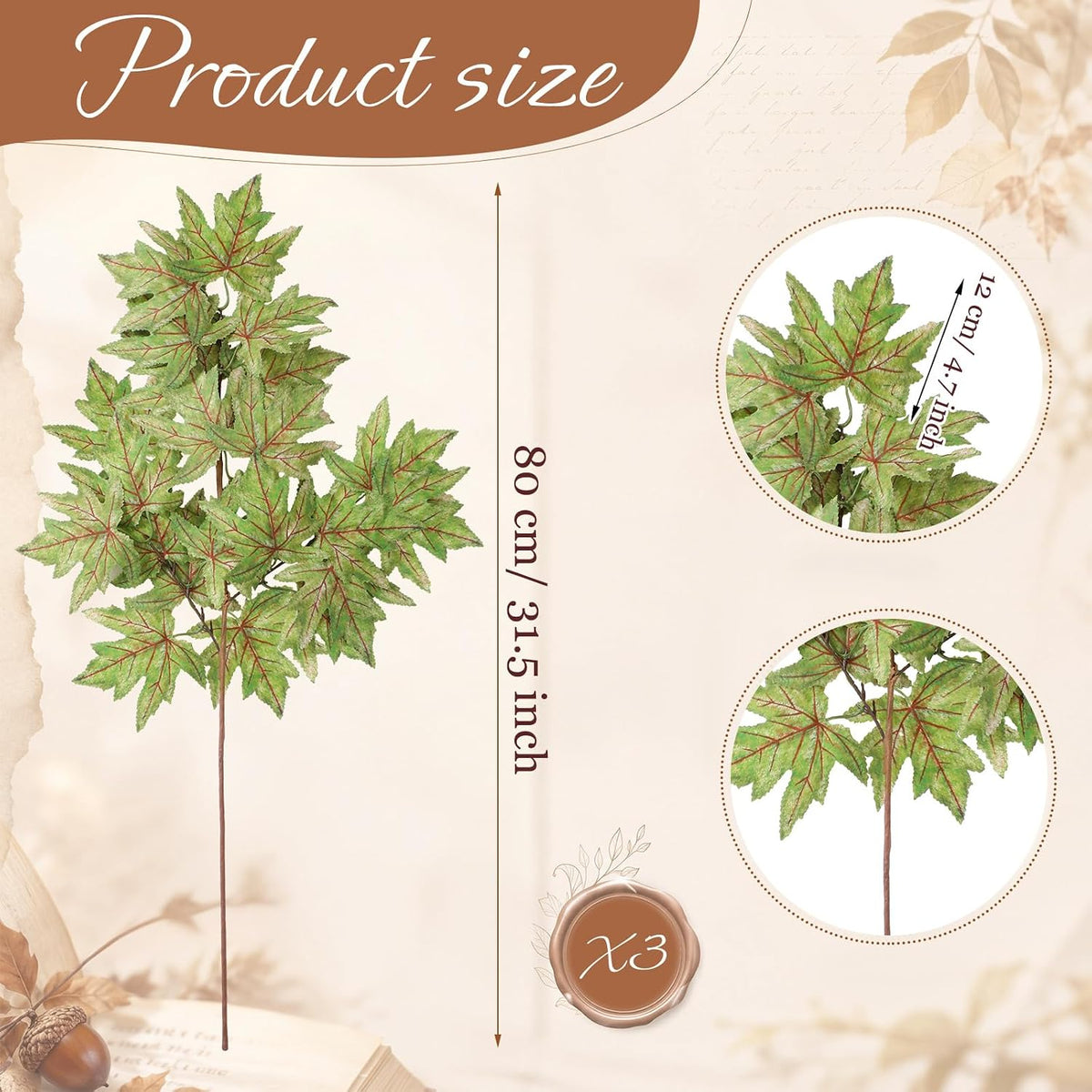 32in 3 Pcs Artificial Fall Maple Leaves Branches Faux Fake Fall Leaf Stems