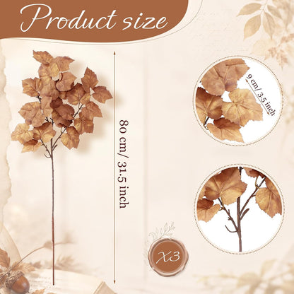 32in 3 Pcs Artificial Fall Maple Leaves Branches Faux Fake Fall Leaf Stems