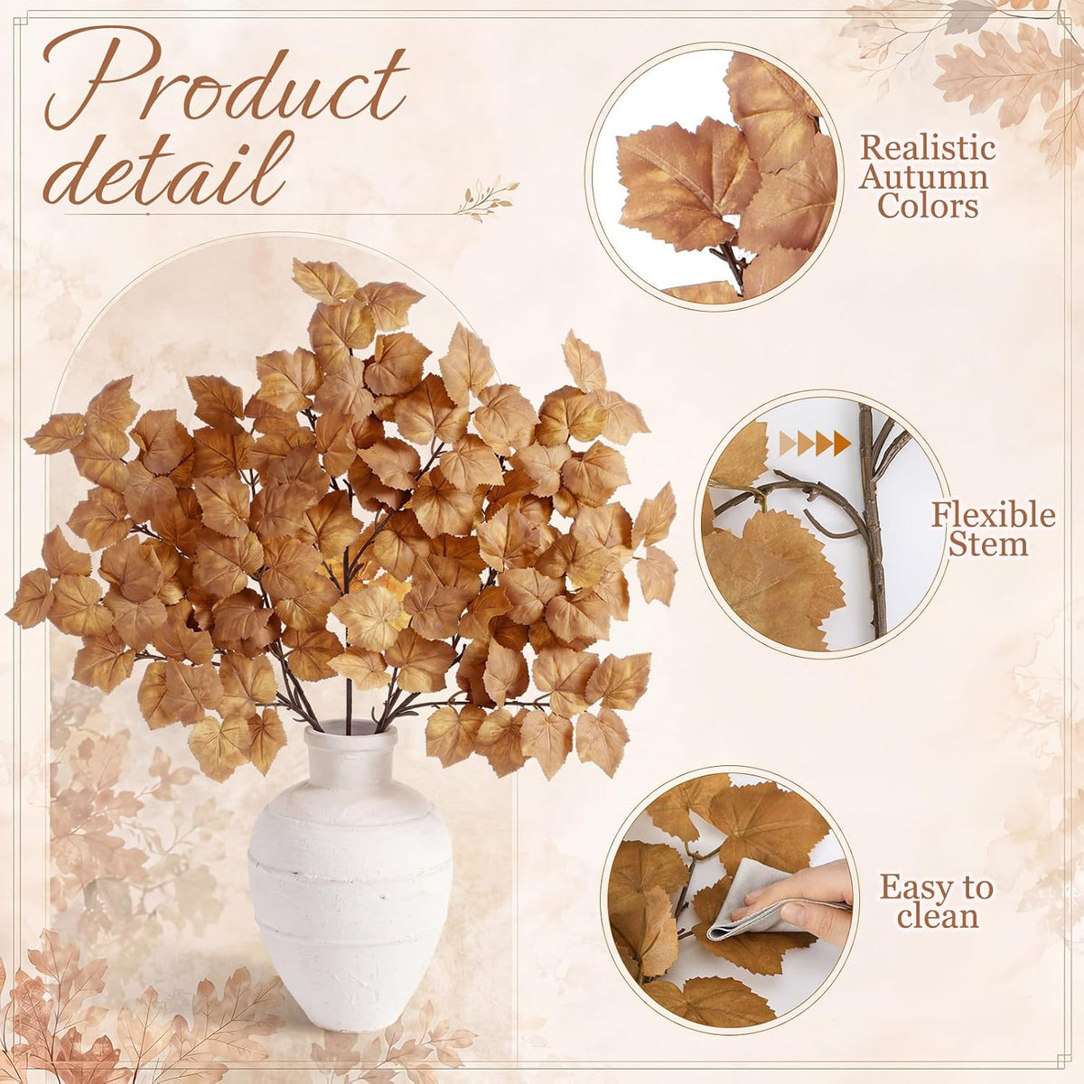 32in 3 Pcs Artificial Fall Maple Leaves Branches Faux Fake Fall Leaf Stems