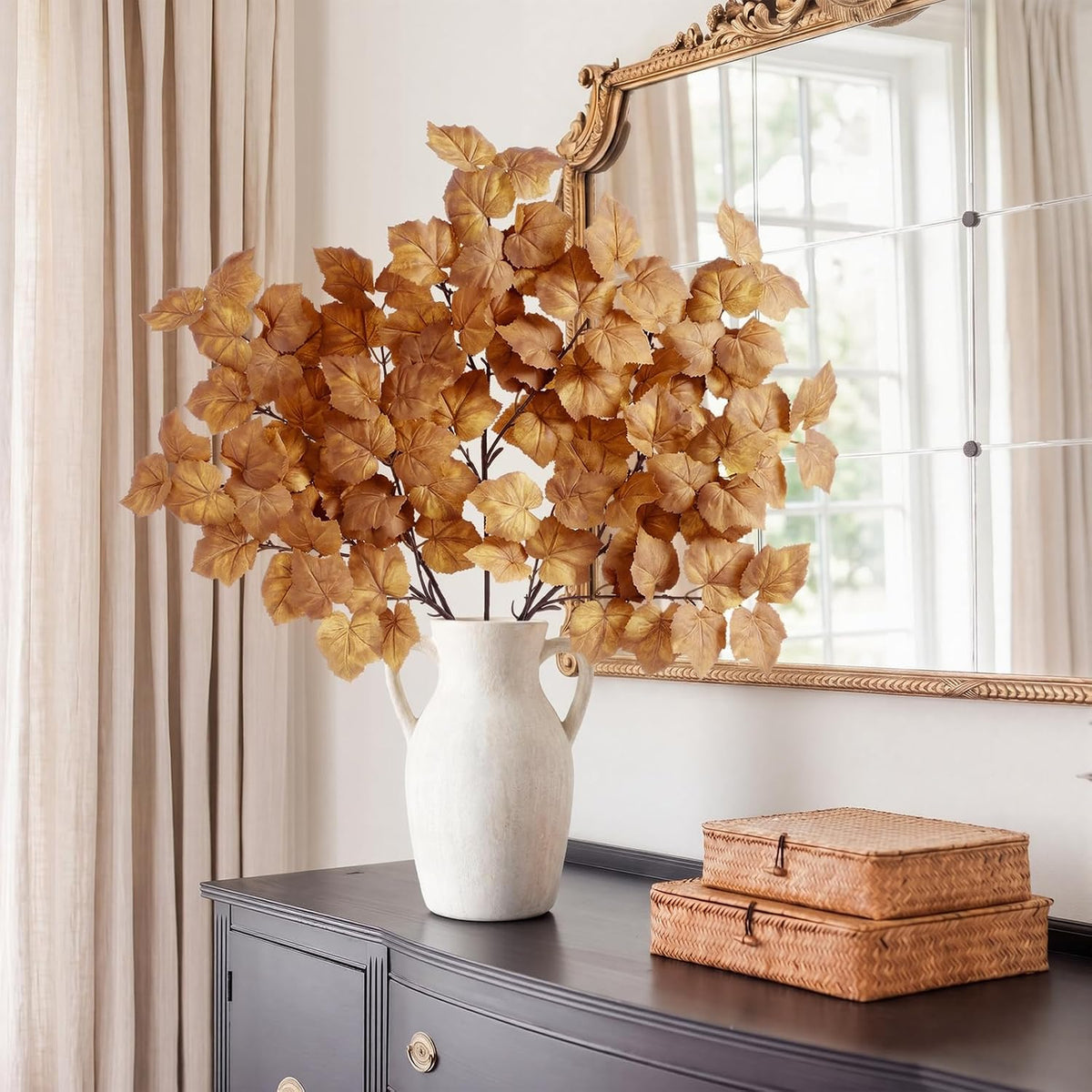 32in 3 Pcs Artificial Fall Maple Leaves Branches Faux Fake Fall Leaf Stems