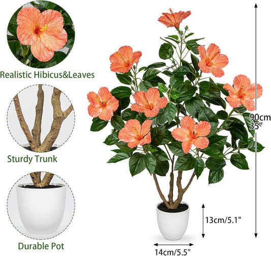 Artificial Hibiscus Tree 2.95ft Tall Real Touch Fake Tree with Pink Flowers Potted Faux Plant Indoor Realistic Floor Plants for Front Porch Outdoor Home, Patio Decor