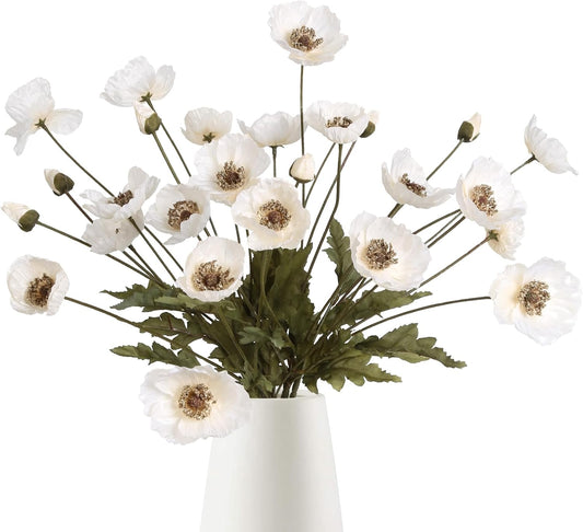 White Artificial Poppy Flowers 6pcs Poppies White Artificial Flowers with Stems Silk Flower Arrangements for Wedding Centerpieces for Home Table Bridal Shower Party Decorations (White)