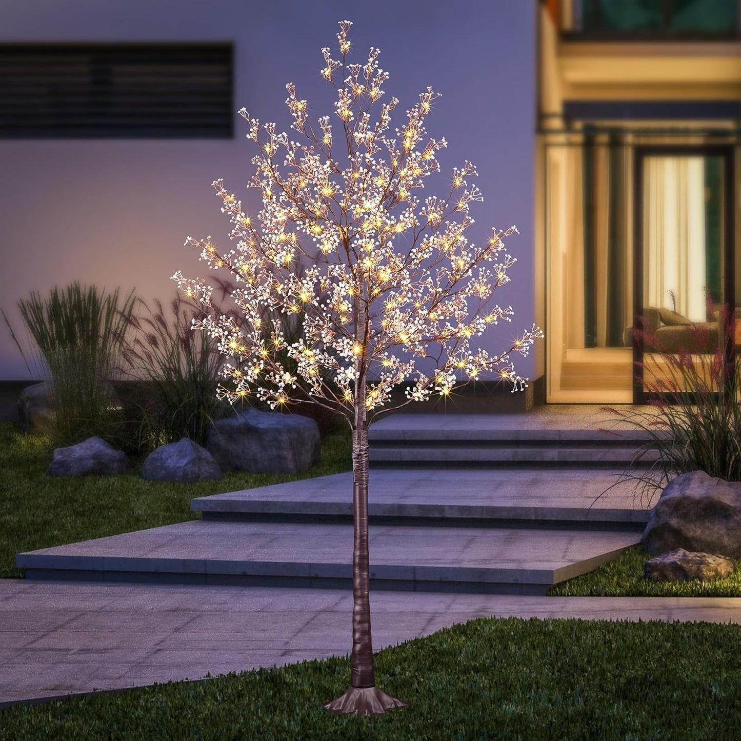 6FT Lighted White Magnolia Tree 120 LED Artificial Flowers Tree with Lights for Decor Inside and Outside Home Patio Wedding Festival Christmas Decoration Warm White