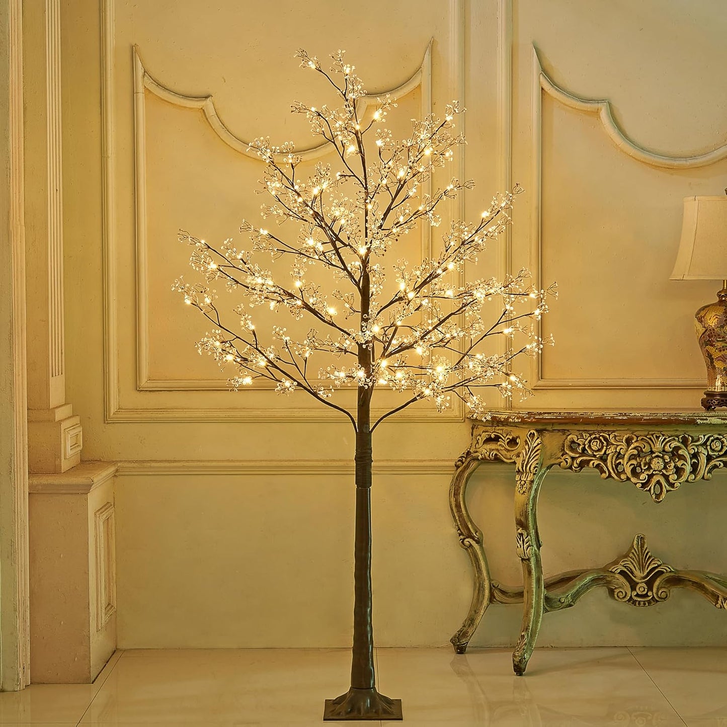 6FT Lighted White Magnolia Tree 120 LED Artificial Flowers Tree with Lights for Decor Inside and Outside Home Patio Wedding Festival Christmas Decoration Warm White