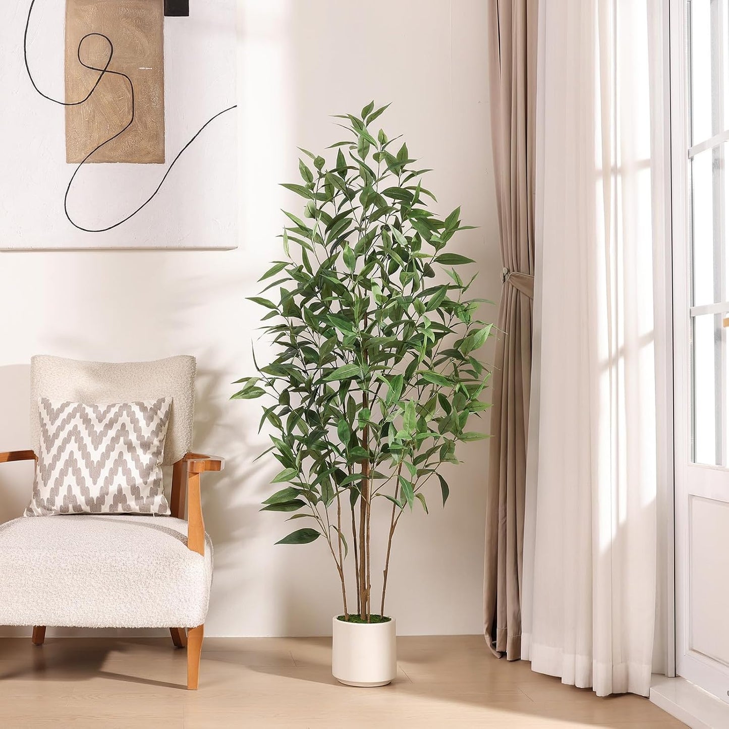 4Ft Artificial Eucalyptus Plant with White Planter | UV Resistant Fake Outdoor Plants with Silk Leaves,Faux Tree Indoor for Home Decor Floor Porch Liveing Room