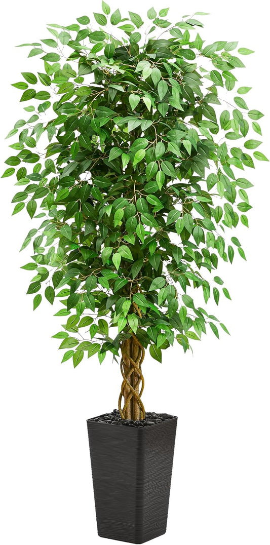 7FT Artificial Ficus Tree, 84 Inch Realistic Faux Silk Ficus Floor Plant with Black Planter & Pebbles, Tall Fake Potted Tree for Indoor Home Office Living Room Corner Decor