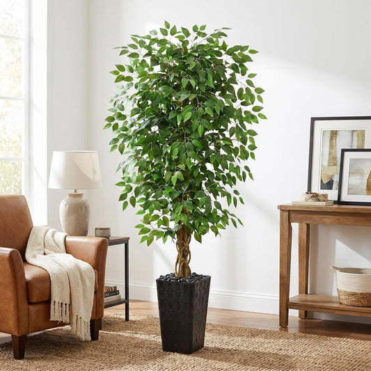 7FT Artificial Ficus Tree, 84 Inch Realistic Faux Silk Ficus Floor Plant with Black Planter & Pebbles, Tall Fake Potted Tree for Indoor Home Office Living Room Corner Decor