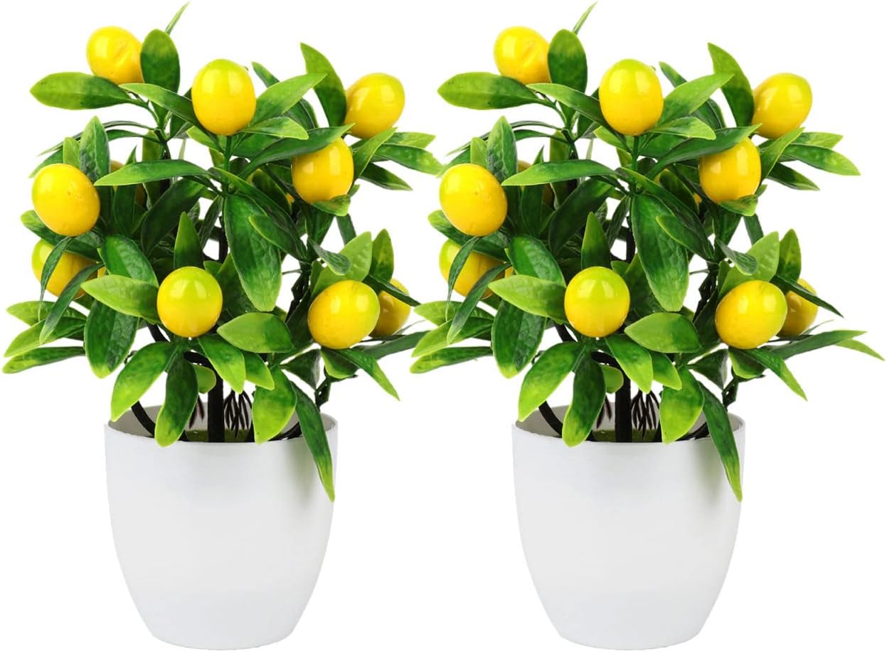 2 Pcs Artificial Lemon Tree Plant Decor, 9.45In Fake Green Pot Plants Flowers Ornaments Mini Potted Fruit Stems Decor in for Home Office Decorations, 3.78 x 9.45inch