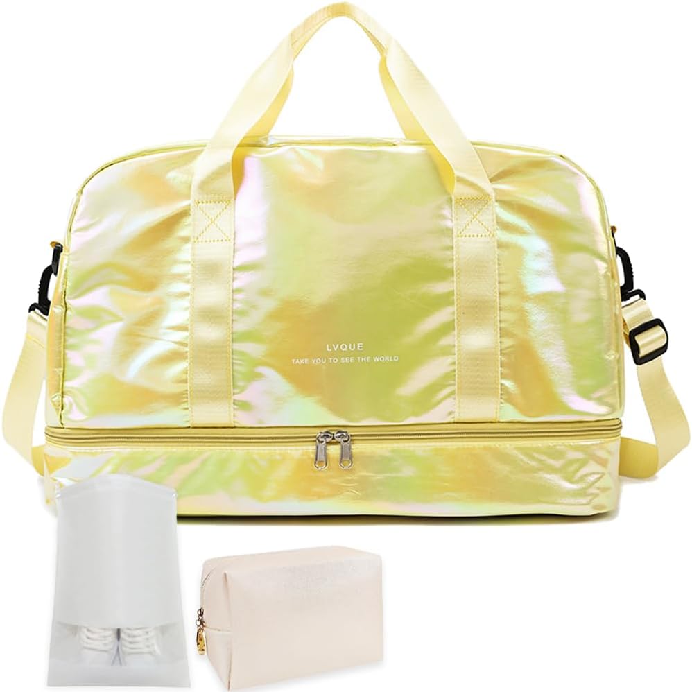 Gym Bag for Women Sports Travel Duffel Bag with Toiletry Bag Weekender Overnight Carry On Bag with Shoes Compartment Wet Pocket for Girls Yoga Workout Swim Bags Yellow