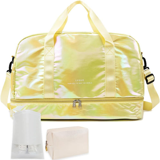 Gym Bag for Women Sports Travel Duffel Bag with Toiletry Bag Weekender Overnight Carry On Bag with Shoes Compartment Wet Pocket for Girls Yoga Workout Swim Bags Yellow