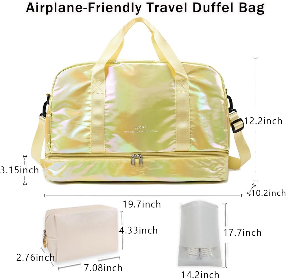 Gym Bag for Women Sports Travel Duffel Bag with Toiletry Bag Weekender Overnight Carry On Bag with Shoes Compartment Wet Pocket for Girls Yoga Workout Swim Bags Yellow