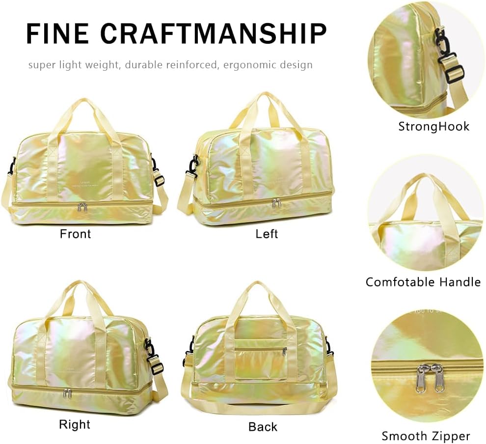 Gym Bag for Women Sports Travel Duffel Bag with Toiletry Bag Weekender Overnight Carry On Bag with Shoes Compartment Wet Pocket for Girls Yoga Workout Swim Bags Yellow