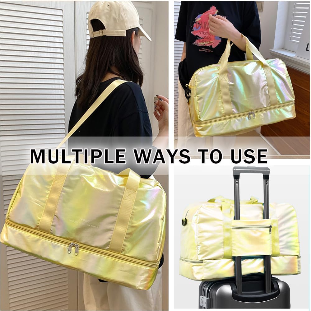 Gym Bag for Women Sports Travel Duffel Bag with Toiletry Bag Weekender Overnight Carry On Bag with Shoes Compartment Wet Pocket for Girls Yoga Workout Swim Bags Yellow