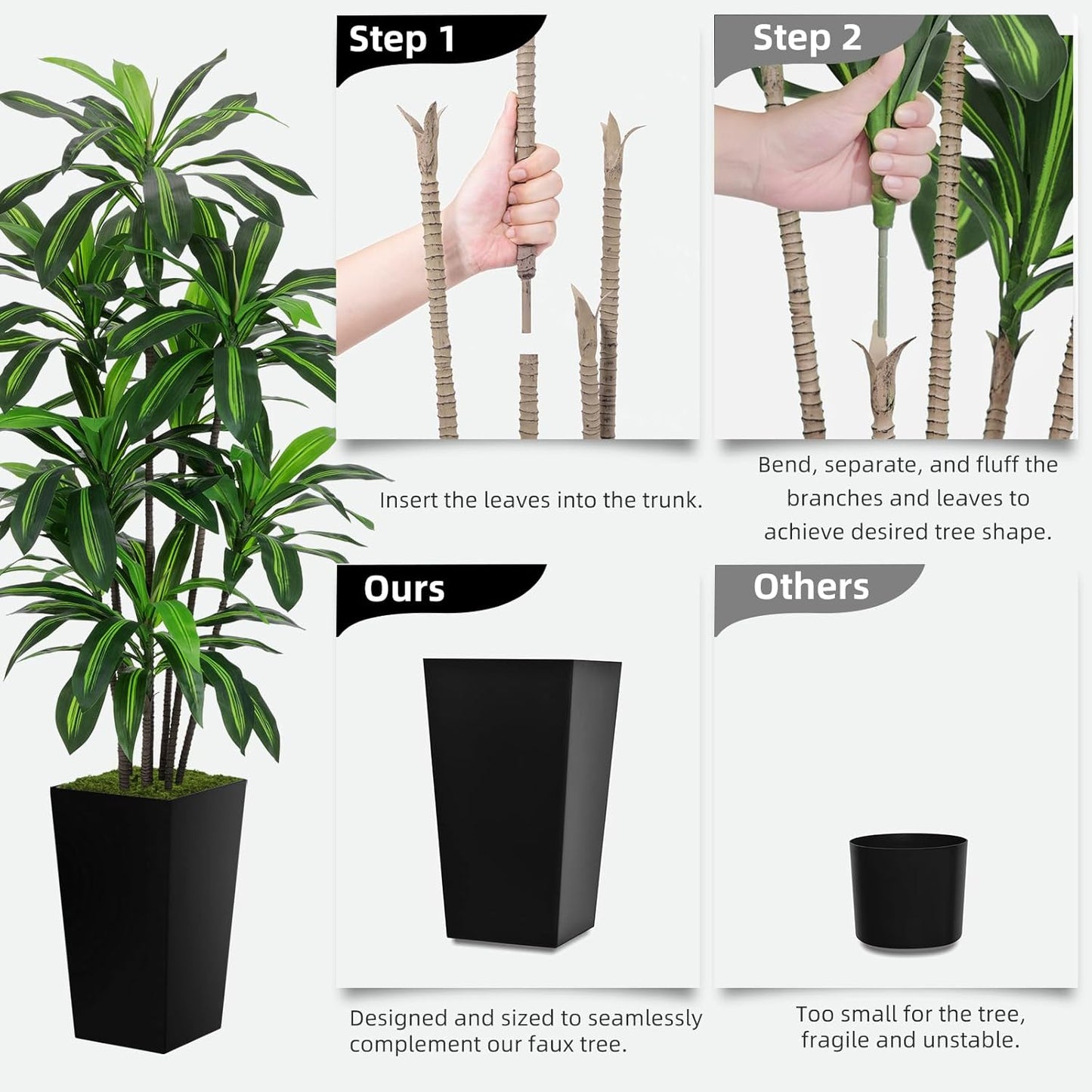 Artificial Plant 5FT Dracaena Fake Tree with White Tall Planter | Faux Yucca Floor Plant in Pot, Artificial Trees for Home Office Living Room Decor Indoor