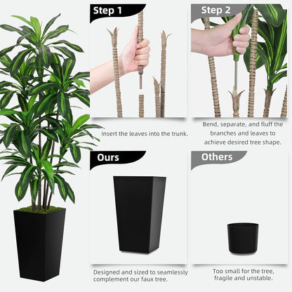 Artificial Plant 5FT Dracaena Fake Tree with White Tall Planter | Faux Yucca Floor Plant in Pot, Artificial Trees for Home Office Living Room Decor Indoor