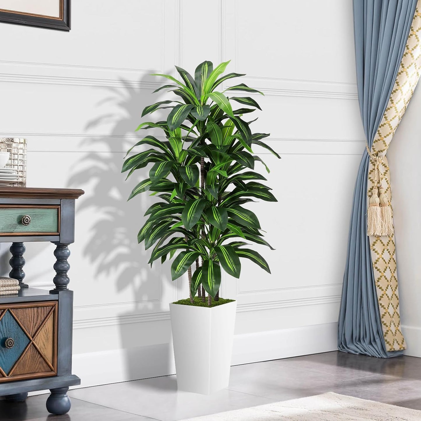 Artificial Plant 5FT Dracaena Fake Tree with White Tall Planter | Faux Yucca Floor Plant in Pot, Artificial Trees for Home Office Living Room Decor Indoor