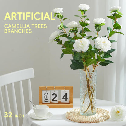 32" Artificial Camellia Trees Branches Faux White Camellia Silk Flowers with Stems for Vase Wedding Office Home Decor 3 PCS