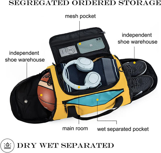 Gym Duffle Bags Gym Bag for Men Travel Duffle Bag With Shoe Compartment Wet Pocket Sports Duffle Bag Weekender Overnight Backpack (Yellow)
