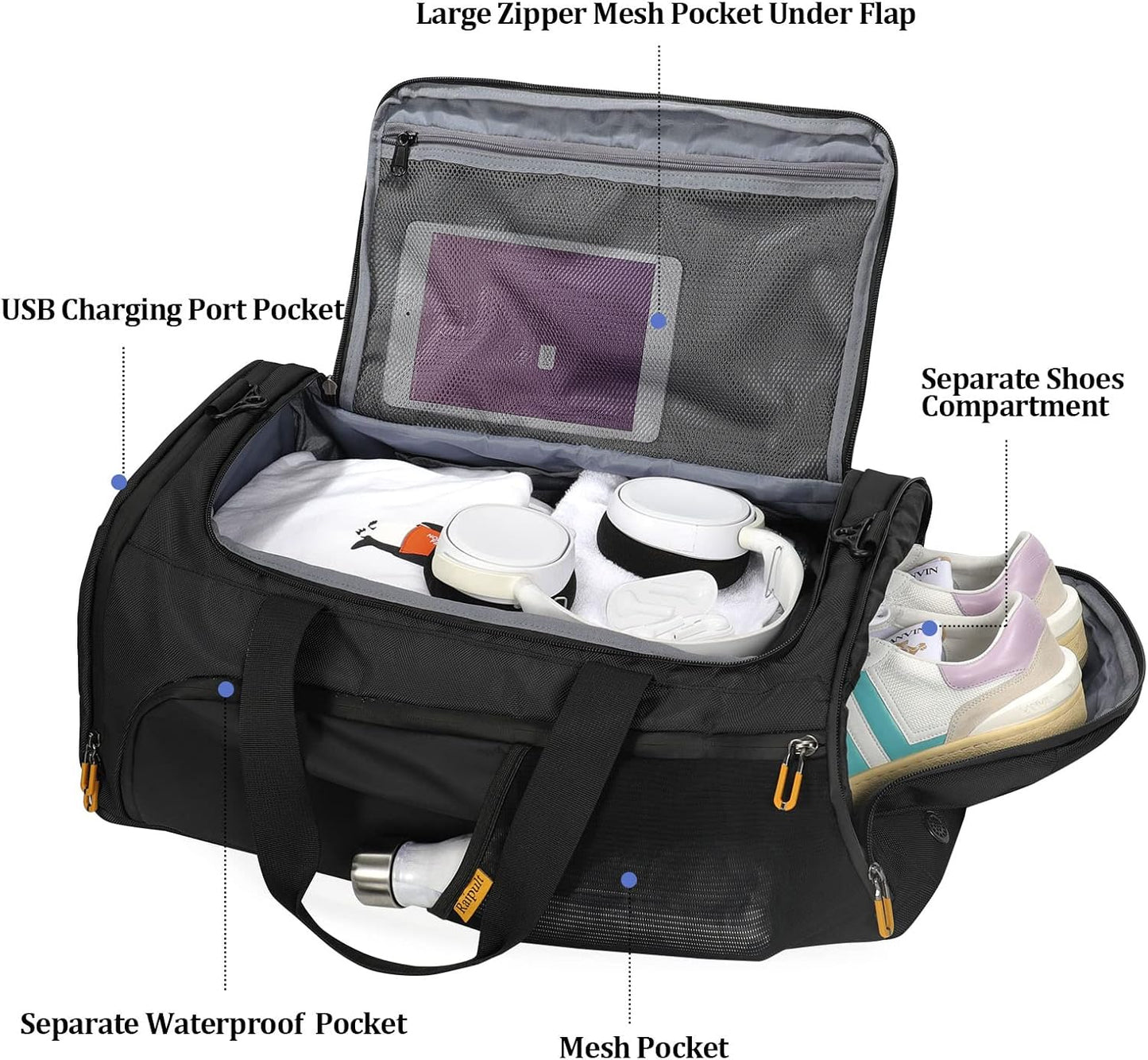 Raipult Gym Duffle Bag for Men Women, Travel Duffel Bag Backpack with Shoe Compartment & Wet Pocket, 50L Waterproof Sports Overnight Weekender Bag with USB Port, Black