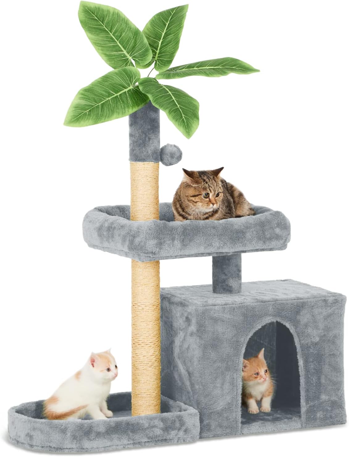 31.5" Cat Tree Tower for Indoor Cats with Green Leaves, Cat Condo Cozy Plush with Hang Ball and Leaf Shape Design, Cat Furniture Pet House with Scratching Posts, Green
