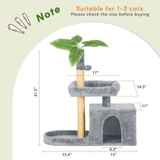31.5" Cat Tree Tower for Indoor Cats with Green Leaves, Cat Condo Cozy Plush with Hang Ball and Leaf Shape Design, Cat Furniture Pet House with Scratching Posts, Green