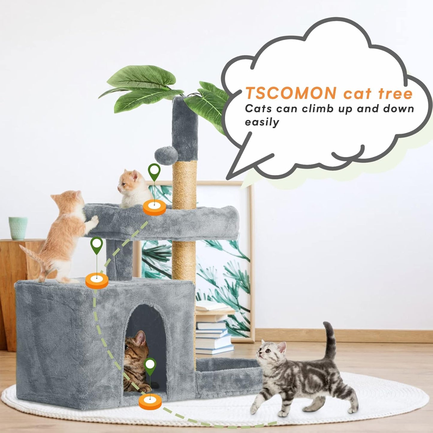 31.5" Cat Tree Tower for Indoor Cats with Green Leaves, Cat Condo Cozy Plush with Hang Ball and Leaf Shape Design, Cat Furniture Pet House with Scratching Posts, Green
