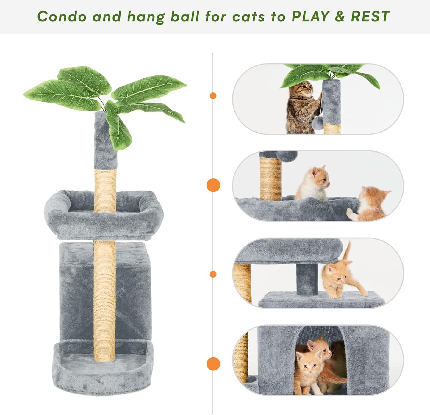 31.5" Cat Tree Tower for Indoor Cats with Green Leaves, Cat Condo Cozy Plush with Hang Ball and Leaf Shape Design, Cat Furniture Pet House with Scratching Posts, Green