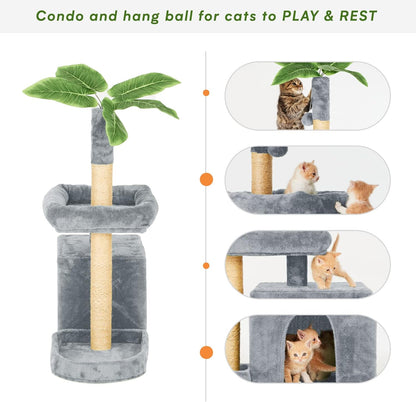 31.5" Cat Tree Tower for Indoor Cats with Green Leaves, Cat Condo Cozy Plush with Hang Ball and Leaf Shape Design, Cat Furniture Pet House with Scratching Posts, Green