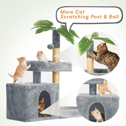 31.5" Cat Tree Tower for Indoor Cats with Green Leaves, Cat Condo Cozy Plush with Hang Ball and Leaf Shape Design, Cat Furniture Pet House with Scratching Posts, Green