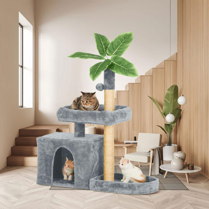 31.5" Cat Tree Tower for Indoor Cats with Green Leaves, Cat Condo Cozy Plush with Hang Ball and Leaf Shape Design, Cat Furniture Pet House with Scratching Posts, Green