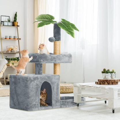 31.5" Cat Tree Tower for Indoor Cats with Green Leaves, Cat Condo Cozy Plush with Hang Ball and Leaf Shape Design, Cat Furniture Pet House with Scratching Posts, Green