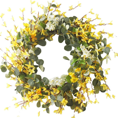 19.6 inch Artificial Forsythia Flower Wreath, Spring Summer Fall Wreath, Spring Wreaths for Front Door, Artificial Forsythia Flower Wreath with Green Leaves, Silk Floral Wreath(Yellow)