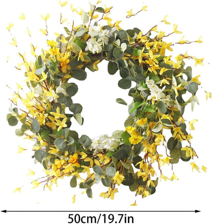 19.6 inch Artificial Forsythia Flower Wreath, Spring Summer Fall Wreath, Spring Wreaths for Front Door, Artificial Forsythia Flower Wreath with Green Leaves, Silk Floral Wreath(Yellow)