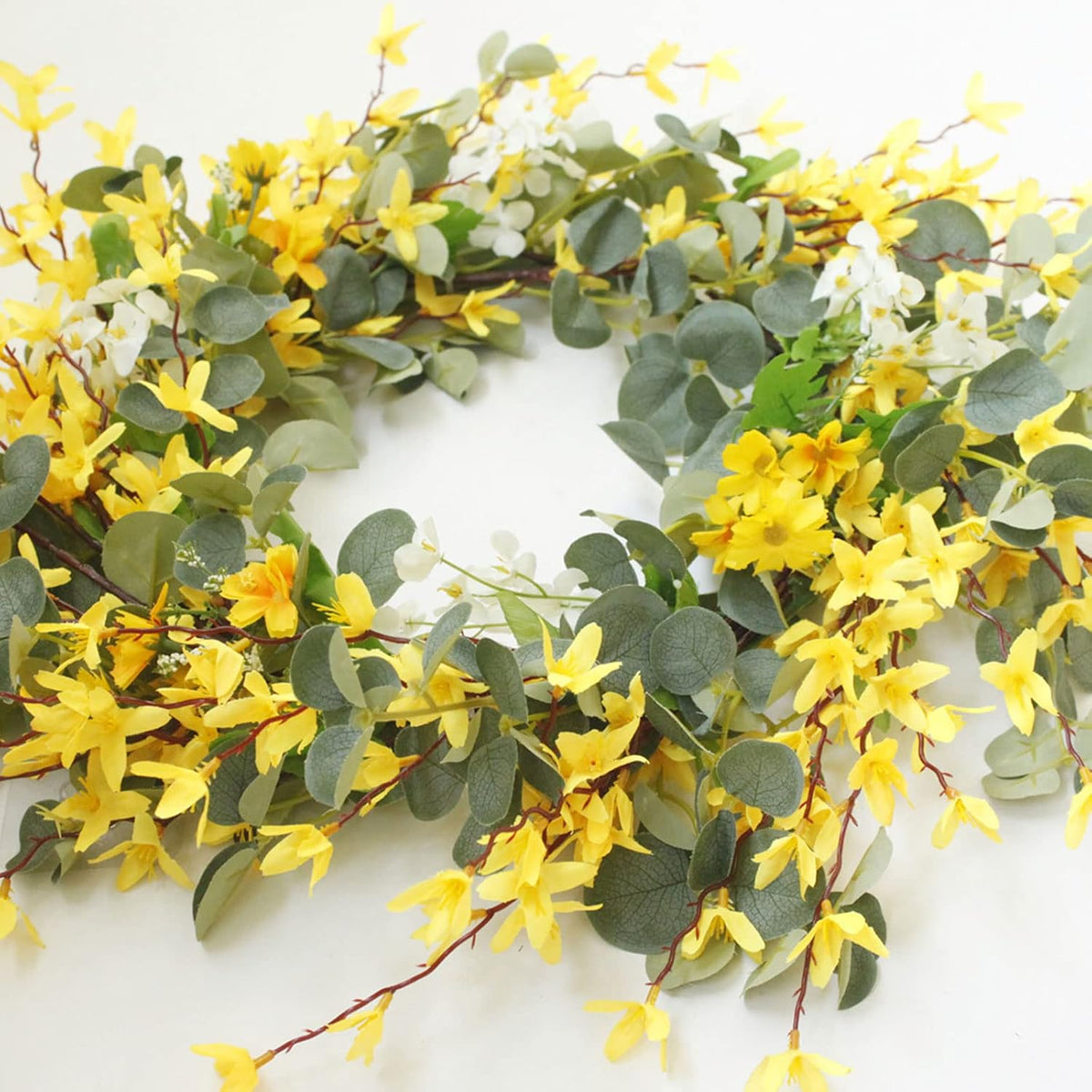 19.6 inch Artificial Forsythia Flower Wreath, Spring Summer Fall Wreath, Spring Wreaths for Front Door, Artificial Forsythia Flower Wreath with Green Leaves, Silk Floral Wreath(Yellow)