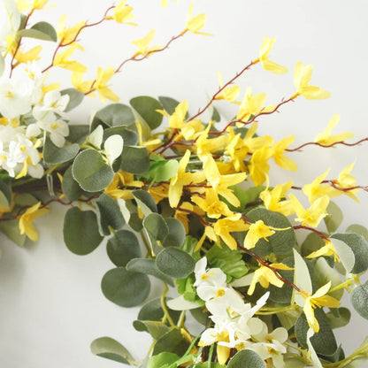 19.6 inch Artificial Forsythia Flower Wreath, Spring Summer Fall Wreath, Spring Wreaths for Front Door, Artificial Forsythia Flower Wreath with Green Leaves, Silk Floral Wreath(Yellow)