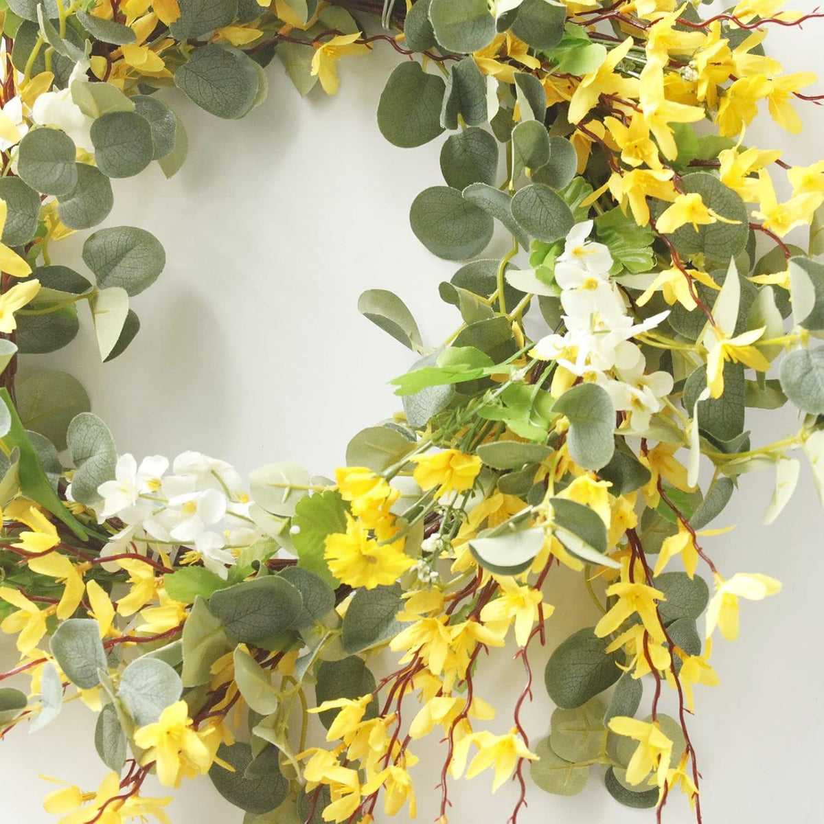 19.6 inch Artificial Forsythia Flower Wreath, Spring Summer Fall Wreath, Spring Wreaths for Front Door, Artificial Forsythia Flower Wreath with Green Leaves, Silk Floral Wreath(Yellow)