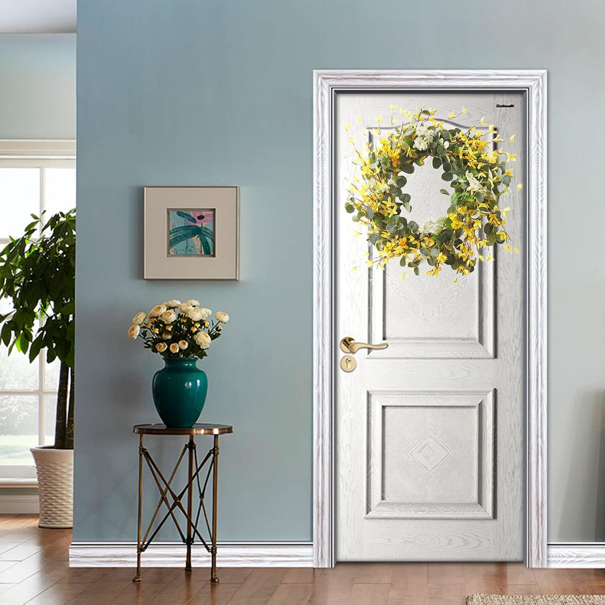 19.6 inch Artificial Forsythia Flower Wreath, Spring Summer Fall Wreath, Spring Wreaths for Front Door, Artificial Forsythia Flower Wreath with Green Leaves, Silk Floral Wreath(Yellow)