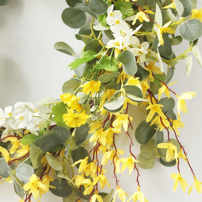 19.6 inch Artificial Forsythia Flower Wreath, Spring Summer Fall Wreath, Spring Wreaths for Front Door, Artificial Forsythia Flower Wreath with Green Leaves, Silk Floral Wreath(Yellow)