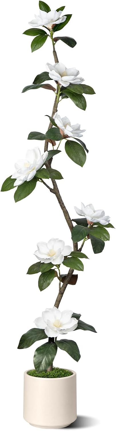 Rubber Tree 4.6 FT Artificial Magnolia Tree in Planter Pot, Faux Plants Indoor Faux Floor Plant Artificial Plants with 7 Pcs Calla Lily Flowers for Home Office Living Room Decor Indoor
