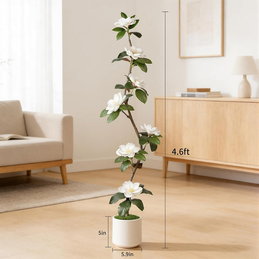 Rubber Tree 4.6 FT Artificial Magnolia Tree in Planter Pot, Faux Plants Indoor Faux Floor Plant Artificial Plants with 7 Pcs Calla Lily Flowers for Home Office Living Room Decor Indoor